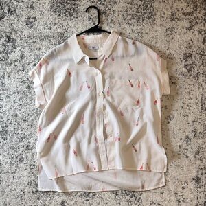 White Button-Up Shirt with Rose Wine Bottle Print